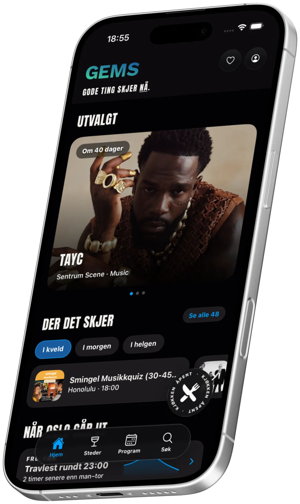 The GEMS app on an iPhone, showing featured events and what is on tonight